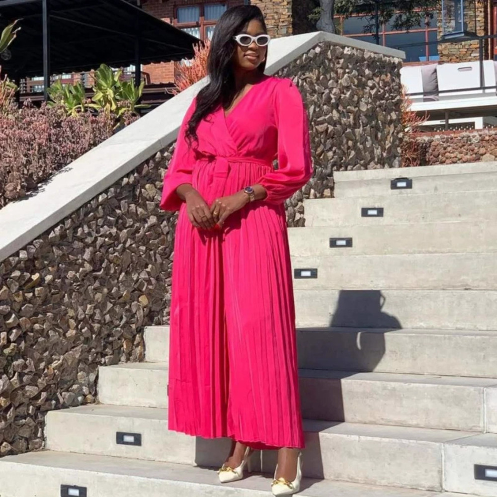 ZARA African Fashion Solid Color Pleated Waist Slimming Jumpsuit